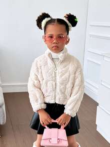 SHEIN 女小童拉鏈開襟毛茸茸外套 - 彩色 - 查看 7