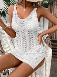 SHEIN LUNE 纯色透视圆领无袖开叉毛衣连衣裙 - 白色 - 查看 3