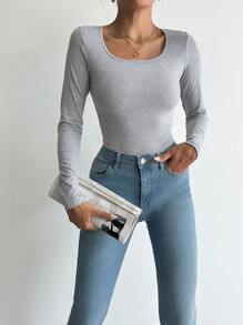 EURMUSE Solid Scoop Neck Tee - Grey - View 4