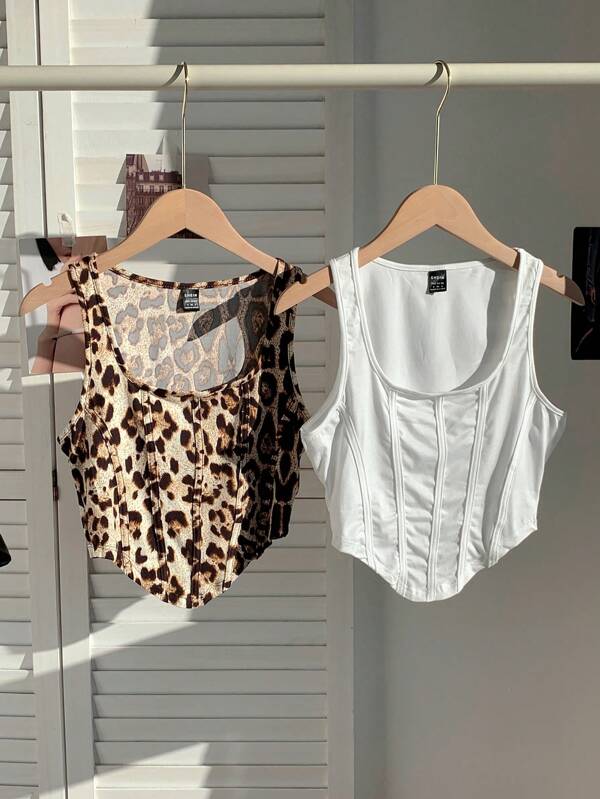 SHEIN EZwear 2 قطعة/طقم نساء قميص كامي مضبوط الحافة مطاطي بطبعة الفهد الأبيض والفهد، مناسب للصيف، المهرجانات الموسيقية، والأجازات