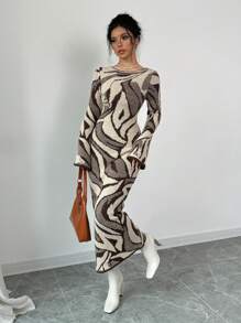 Selianne 女式修身喇叭袖图案针织毛衣连衣裙，秋冬季 - 彩色 - 查看 6