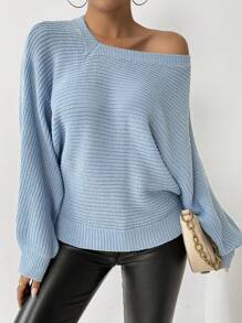 Chiquease Suéter holgado de mujer con cuello asimétrico y mangas de murciélago, de otoño e invierno, tejido de punto - Neblina azul - Ver 3