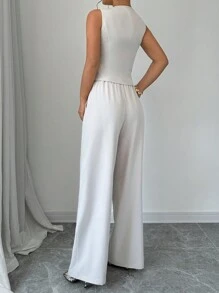 Gloray 2pcs Set Women's Solid Color Simpleprintless Tank Top And Long Pants Suit - White - View 2