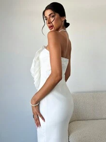 SHEIN Privé Vestido de fiesta de media pantorrilla elegante y delgado con cintura de 3D flores para mujer - Blanco - Ver 5