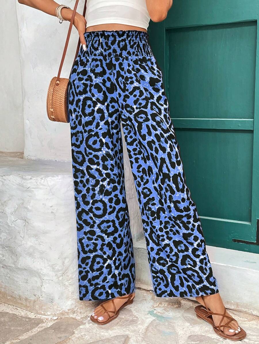 SHEIN LUNE Leopard Print Relaxed Palazzo Pants For Women - Blue - View 1
