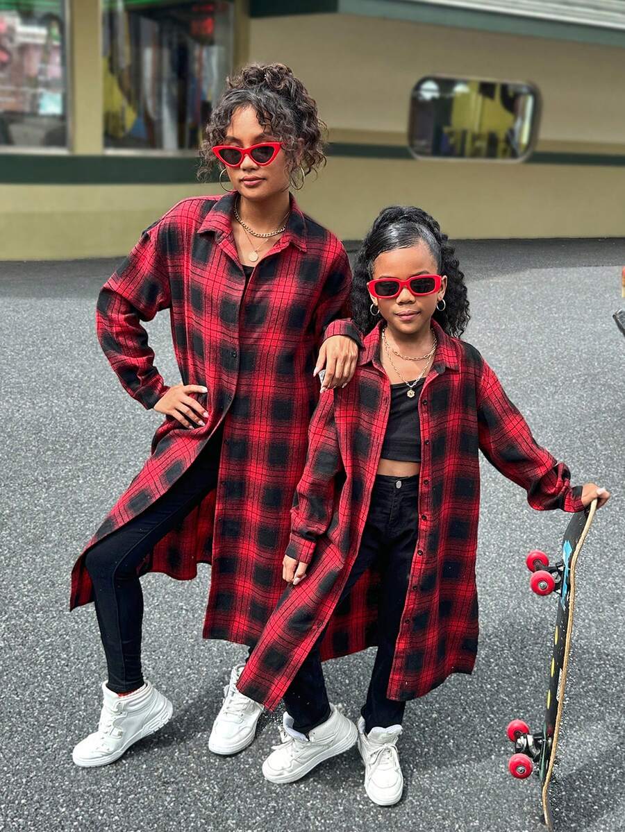 SHEIN 少女复古格子长款衬衫，侧开衩，可与兄弟姐妹同款（两件分开出售） - 紅色和黑色 - 查看 1