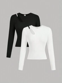 SHEIN Girlism 2pcs Teen Girls' Knitted Ribbed Hollow-Out Round Neck Casual Long Sleeve T-Shirts Set - Black and White - View 1