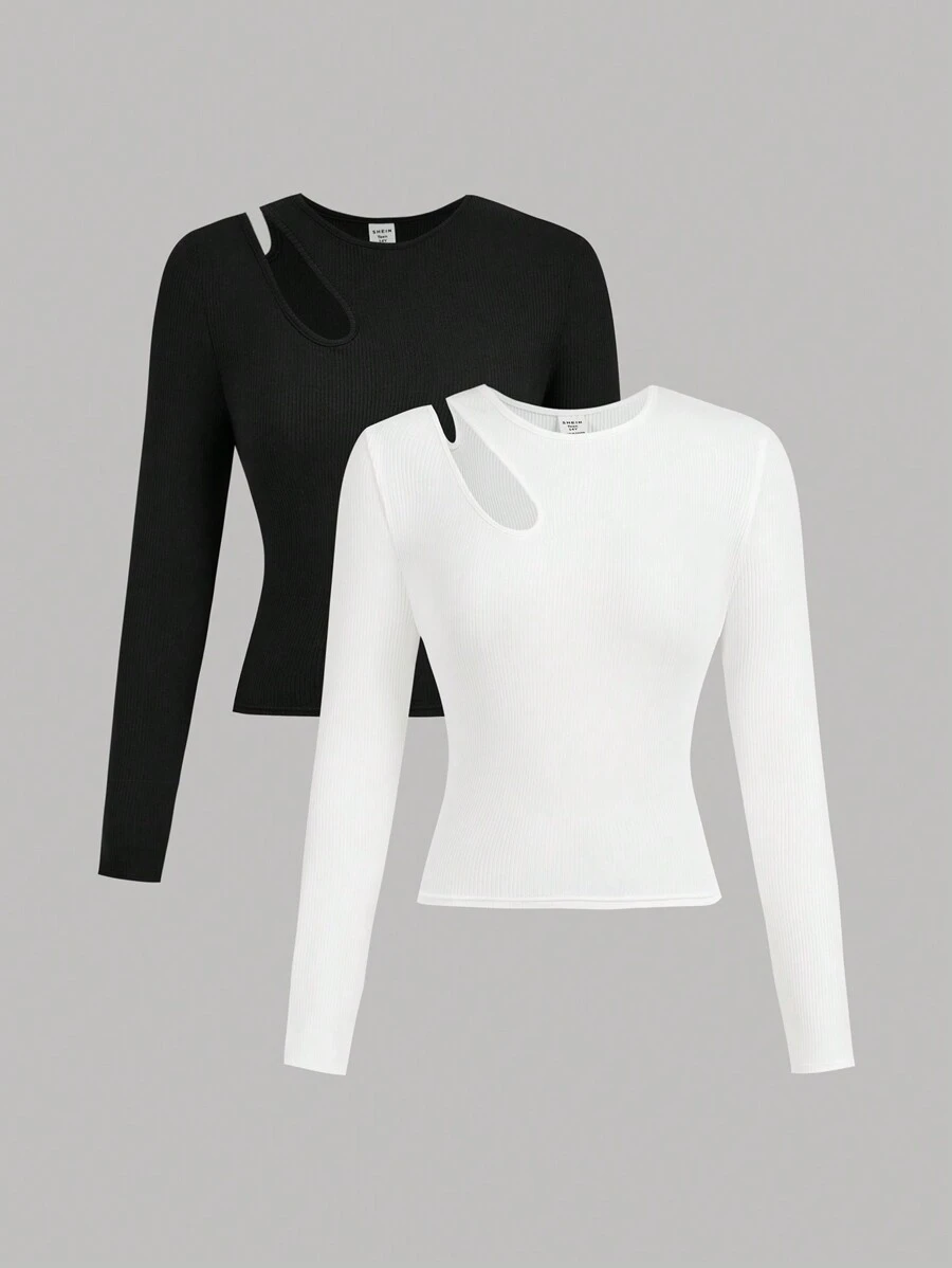 SHEIN Girlism 2pcs Teen Girls' Knitted Ribbed Hollow-Out Round Neck Casual Long Sleeve T-Shirts Set - Black and White - View 1