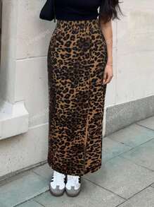 Leopard Print Slit Skirt