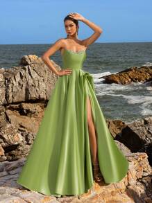 Faeriesty Satin Rhinestone Detail Formal Tube Prom Dress - Green - View 2