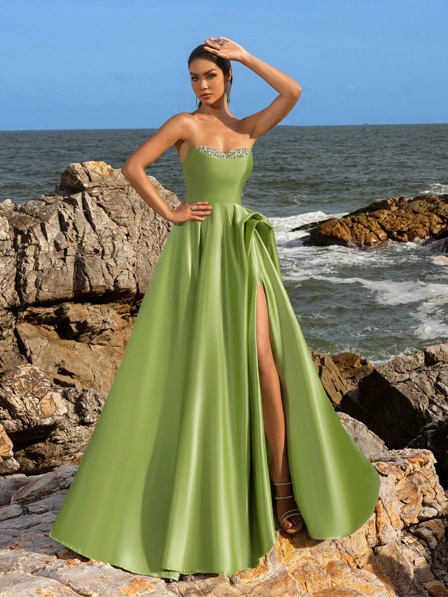 Faeriesty Satin Rhinestone Detail Formal Tube Prom Dress