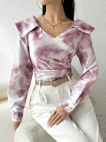 Modelyn 女款V領長袖時尚襯衫，搭配夸張肩膀荷葉邊和整體花卉印花 - 粉色 - 查看 1