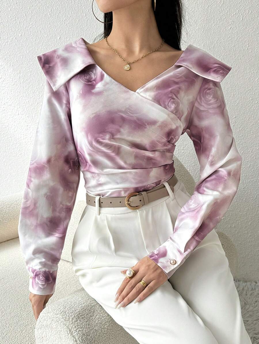 Modelyn 女款V領長袖時尚襯衫，搭配夸張肩膀荷葉邊和整體花卉印花 - 粉色 - 查看 1