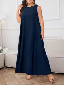Al Najma 大码纯色圆领无袖阿拉伯连衣裙，夏季 - 藏蓝色 - 查看 3