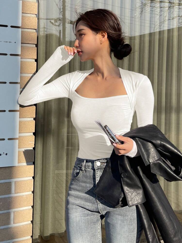 Women's Solid Color Swan Collar Long Sleeve Slim Casual T-Shirt,Back To School Clothes