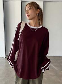 DAZY 女士宽松圆领撞色条纹长袖T恤，秋季服装 - 玫瑰紅 - 查看 5