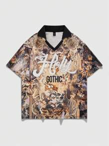 ROMWE MEN Street Life 男士复古图案印花 Polo 衫，适合休闲装，春夏季 - 彩色 - 查看 1