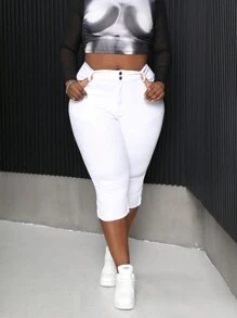 大码白色紧身七分牛仔裤 - 白色 - 查看 3
