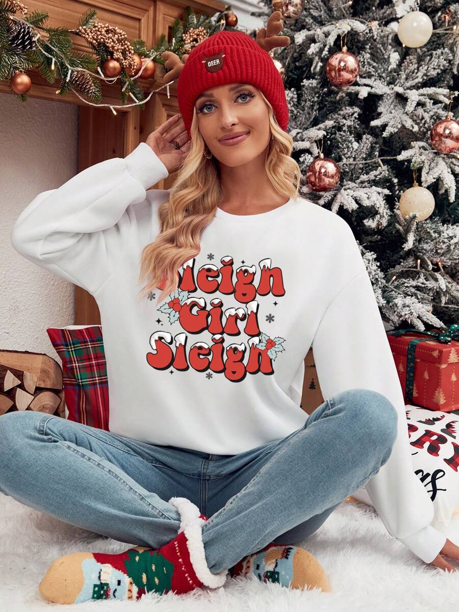 SHEIN Unity Women's Autumn/Winter Slogan Print Long Sleeve Casual Sweatshirt, Christmas Pullover Fall Sweatshirt - White - View 1