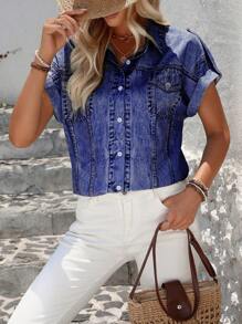 SHEIN LUNE Sơ mi tay ngắn cài nút in toàn bộ, mùa hè - Màu xanh lam - Xem 1