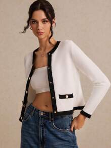 Poéselle Áo len cardigan dệt kim dài tay màu đen và trắng viền kim loại cài nút phía trước cho nữ, áo len cardigan dệt kim dài tay rộng rãi và thanh lịch - Đen và trắng - Xem 5