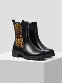 MOTF PREMIUM 女士时尚豹纹拼接中筒靴 秋季