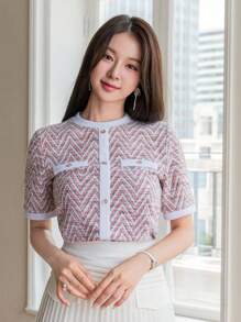 DAZY Camiseta de cuello redondo elegante de oficina con estampado de espiga, adecuada para el Día de San Valentín y el verano