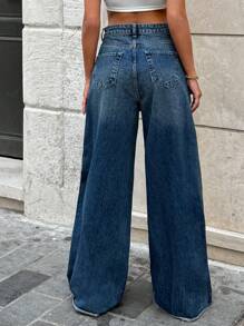 RueChic 100% 纯棉女式复古水洗做旧宽腿宽松牛仔裤，带口袋 - 淺色水洗藍 - 查看 2