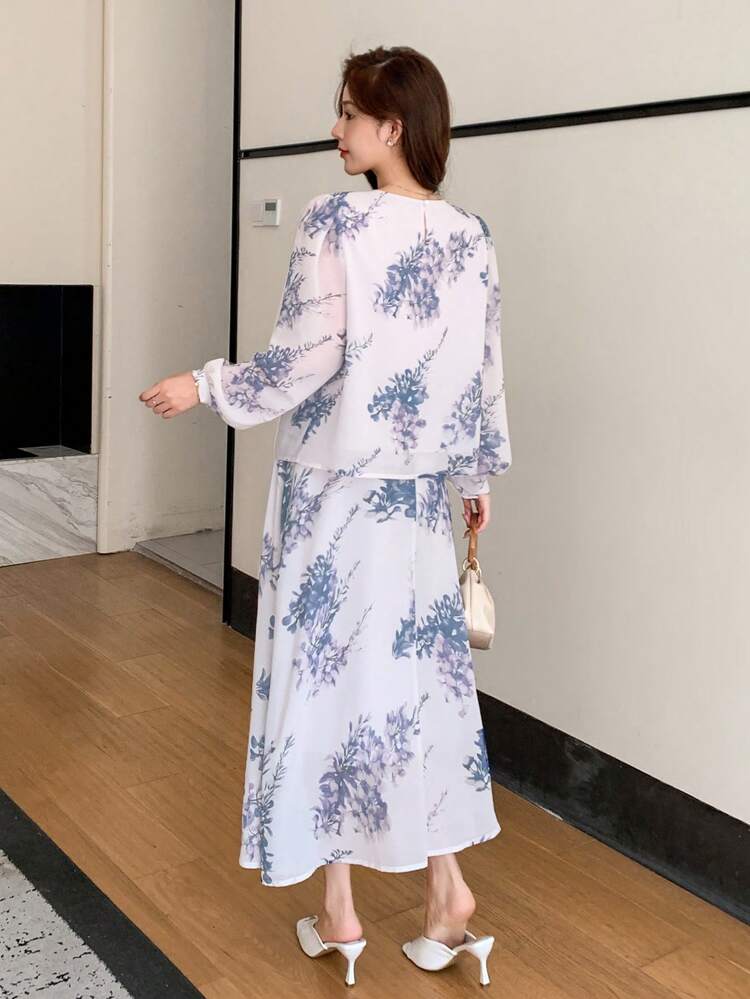 2pcs/Set Women Floral 3D Embroidered Shirt And Skirt Set,Fall Clothes