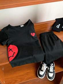 SHEIN 2 cái/bộ Em bé Con trai Giải trí Mặt Mẫu In Ngắn tay Áo thun Và Quần short , Mùa xuân/Mùa hè - màu đen - Xem 8