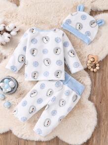 SHEIN 3 件套婴儿男孩可爱企鹅印花长袖衬衫、裤子和帽子休闲休闲装 - 藍色 - 查看 2