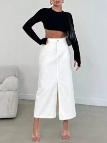 EURMUSE WOMEN HIGH WAIST SLASH DETAIL MIDII SKIRT - White - View 1