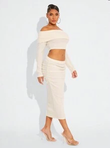 SHEIN SXY Sexy Casual Apricot Comfort Plush Knitted Ribbed Shoulder Long Sleeve Cut Top And Low Waist Pleated Long Skirt Two-Piece Set
