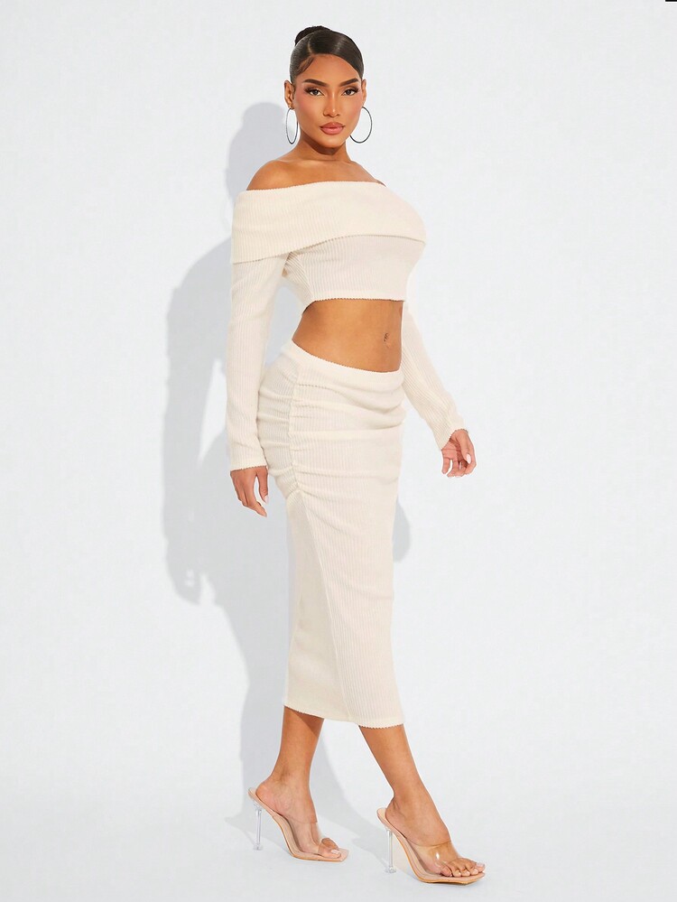 SHEIN SXY 性感休闲杏色舒适毛绒针织罗纹露肩长袖镂空上衣和低腰褶皱长裙两件套 - 杏色 - 查看 6