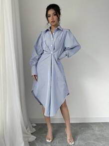 Elenzga 女士优雅通勤泡泡袖收腰条纹衬衫裙 - 藍色 - 查看 3