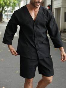 Manfinity Homme 2 Pezzi Set Comprendente Camicia Nera Manica Corta E Pantaloncini Neri Per Uomo Taglie Forti