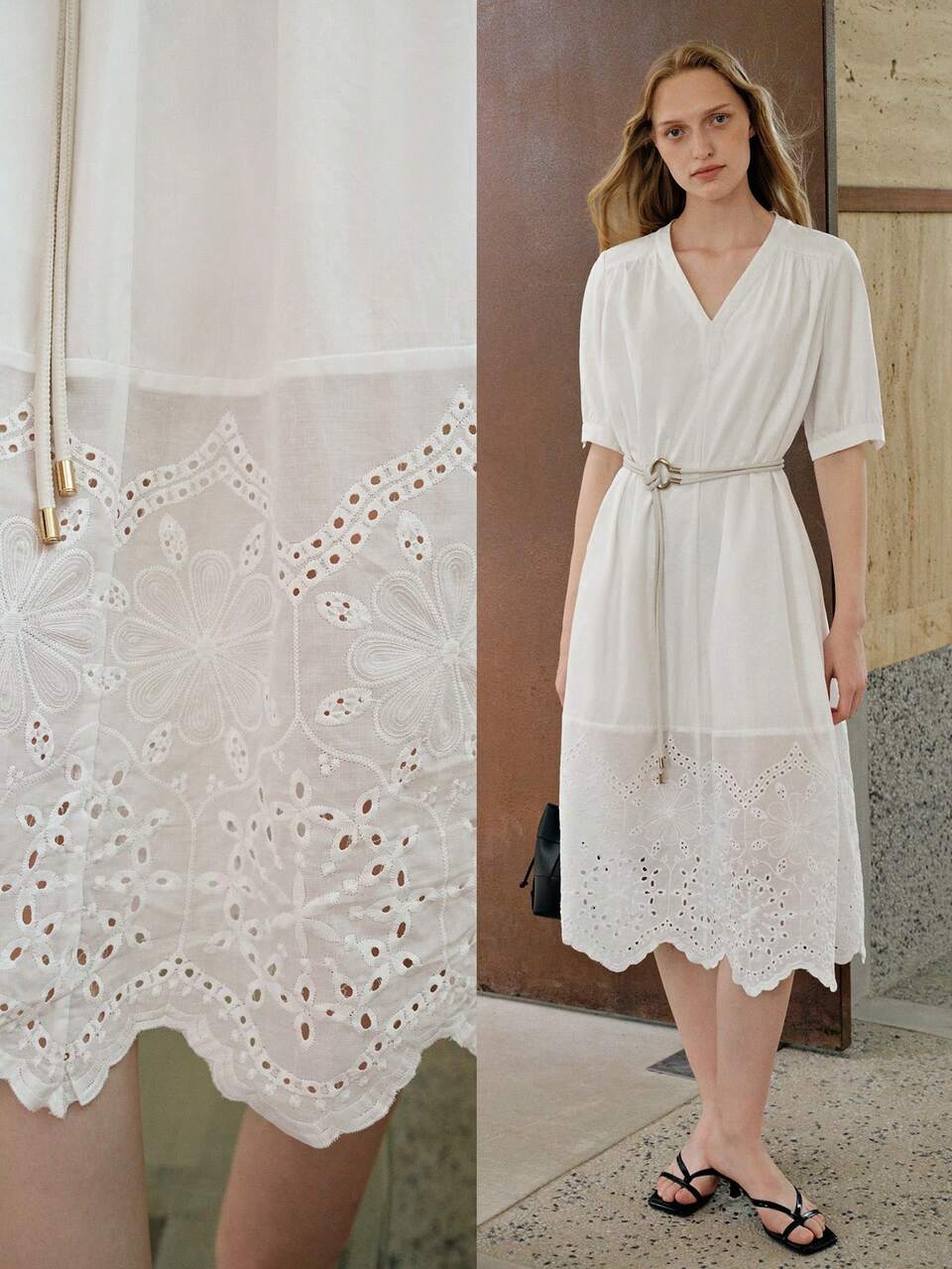 EYELET EMBROIDERY BELTED DRESS