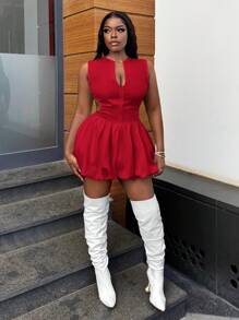 Slaydiva Thời trang mới Váy bong bóng không tay cho kỳ nghỉ thường ngày - Màu Đỏ Sâu - Xem 5