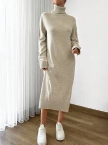 SHEIN Cottnline Women Solid Color Turtleneck Drop Shoulder Long Sweater Dress - Beige - View 6