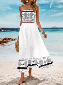 Breezaya 2pcs Women Vintage Style Bandeau Top And Skirt Set (Random Print)