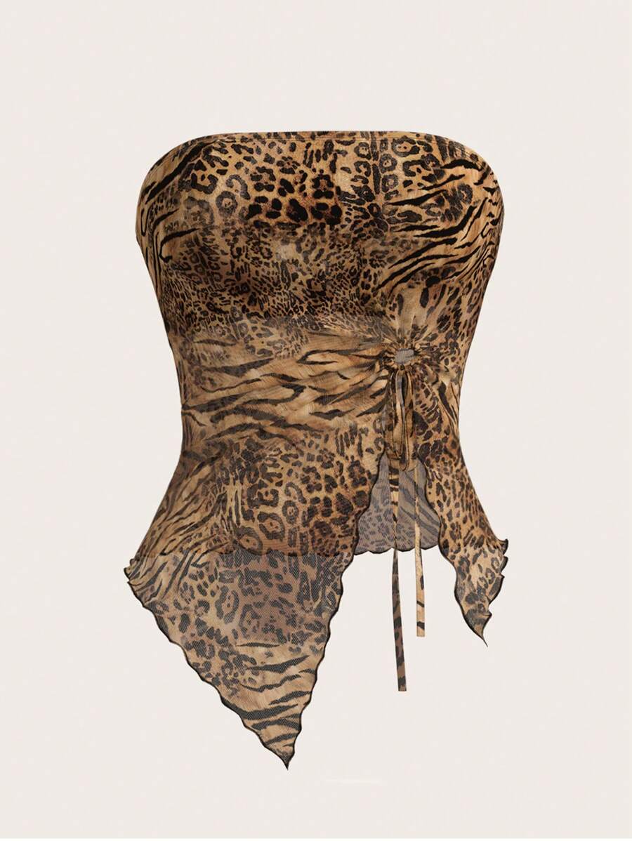 SHEIN ICON 猎豹印花女式不对称下摆豹纹印花网眼吊带背心 Y2K 图案外出上衣 - 彩色 - 查看 1