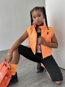 SHEIN 2 sztuki/zestaw Tween Girl Racing Pattern Kombinezon i pomarańczowa wyściełana kamizelka Zimowy strój