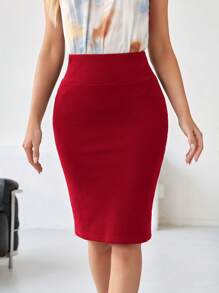 EMERY ROSE Women's Elegant Solid Color Slim Fit Skirt - Red - View 3