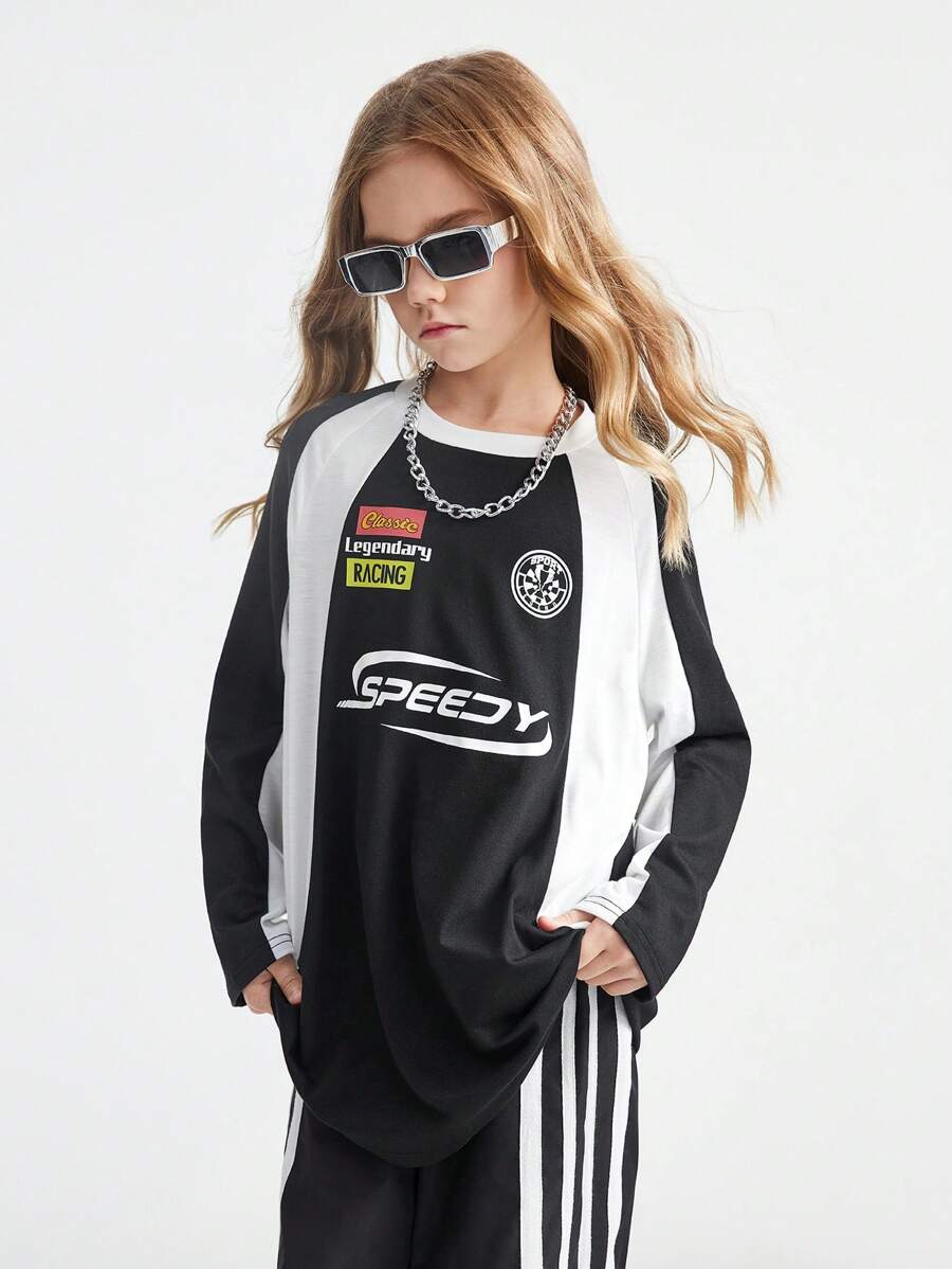 Coolane Kids 青少年女孩秋季学院风街头运动服 Blockcore 足球超大 T 恤,适合返校季 - 黑與白 - 查看 1