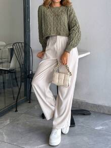 EURMUSE Cable Pattern Pullover Casual Army Green Sweater - Army Green - View 2