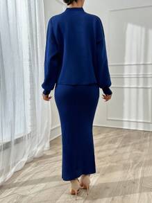 EURMUSE Women High Neck Rhinestone Detailed Drop Shoulder Pullover & Rib Knit V-Neck Maxi Sweater Dress - Navy Blue - View 4