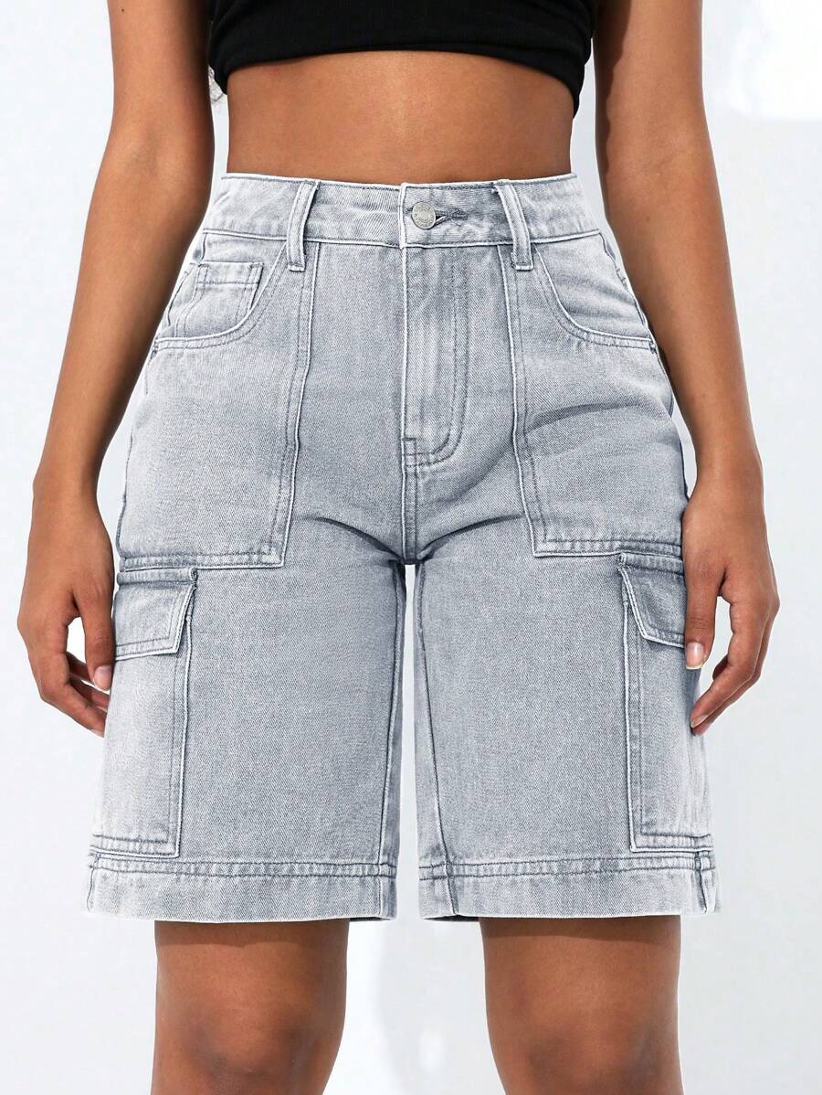 SHEIN PETITE Women Solid Color Summer Casual Cargo Style Denim Shorts,Jorts - Light Grey - View 1
