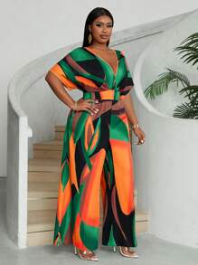 Maweii Plus Size Women's Summer Vacation Full Print V-Neck Batwing Sleeve Loose Wide Leg Jumpsuit