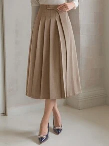 DAZY Women's Solid Color Pleated A-Line Skirt - Khaki - View 3