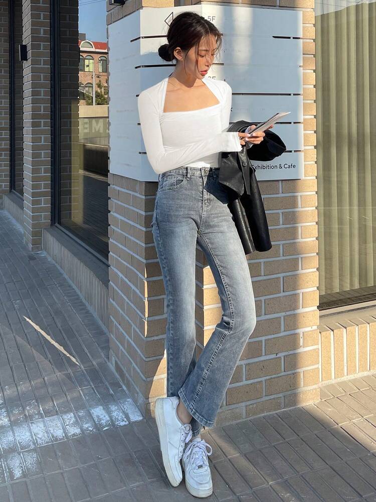 Women's Solid Color Swan Collar Long Sleeve Slim Casual T-Shirt,Back To School Clothes